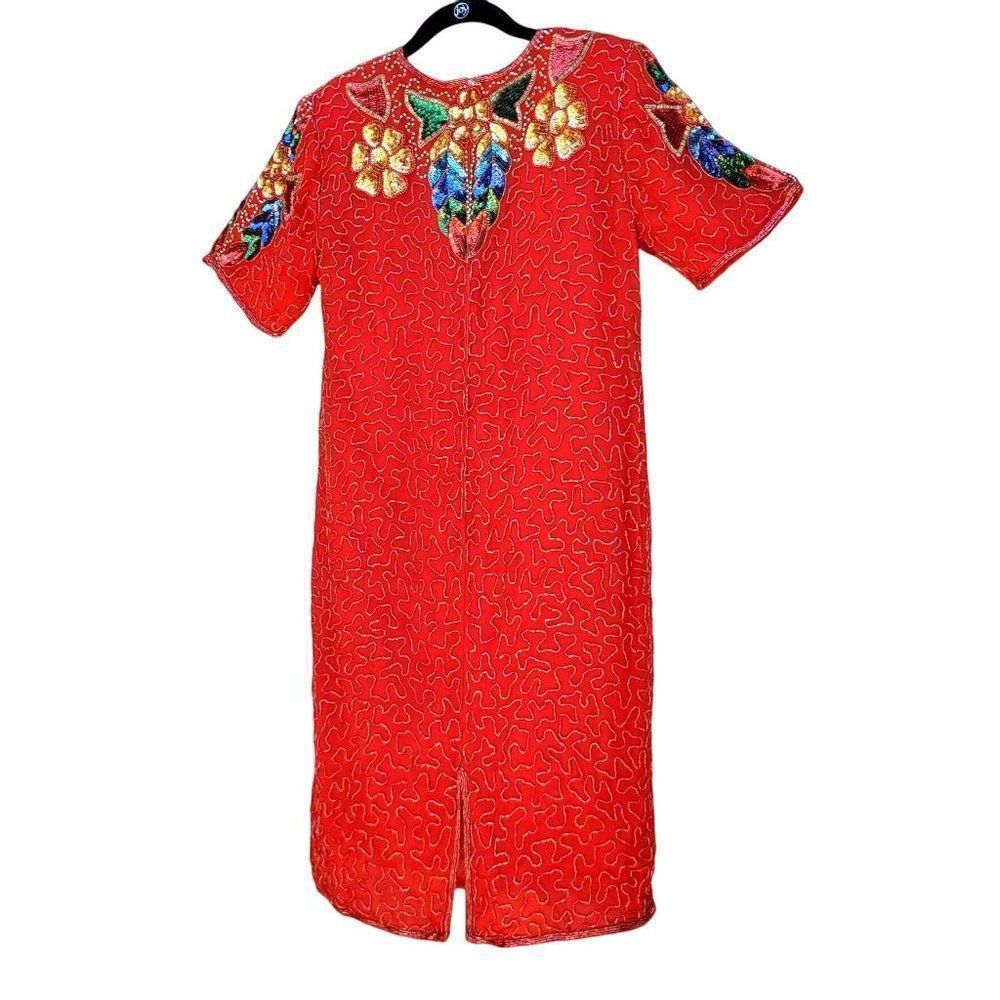 80s Cocktail Dress Short Formal Womens M Red Silk Beaded Embellished Jewel Queen - Picture 5 of 16